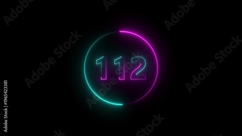 A circle animation, and glowing neon number 112 animation. on a black background.4k video
