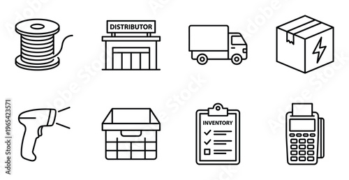 Set of black and white warehouse and logistics icons on transparent background