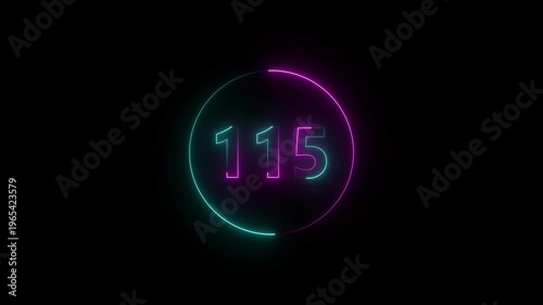 A circle animation, and glowing neon number 115 animation. on a black background.4k video