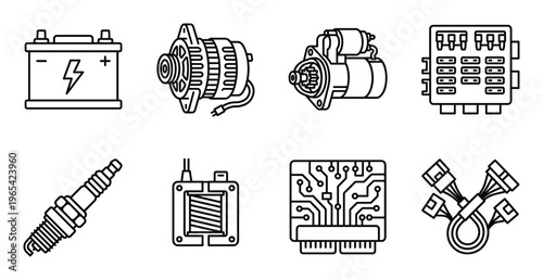 Set of black line icons for automotive electrical components and circuits on transparent background