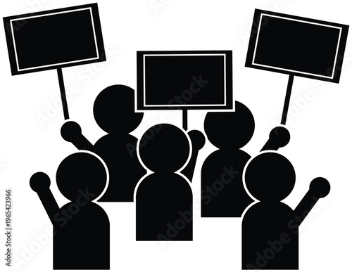 Black and white vector silhouette of a group of protesters or demonstrators holding blank placards and signs. Crowd of people at a strike, political rally, or public protest
