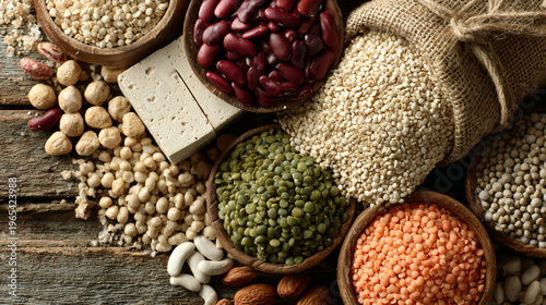 Vegan protein sources flatlay. highlighting healthy eating choices.