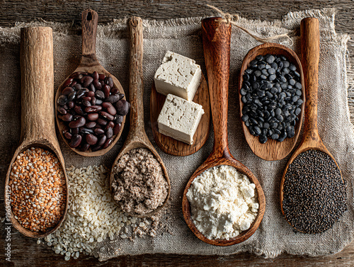 Variety of vegan protein ingredients including tofu, tempeh, beans, lentils, nuts, and seeds on rustic wooden, healthy display.