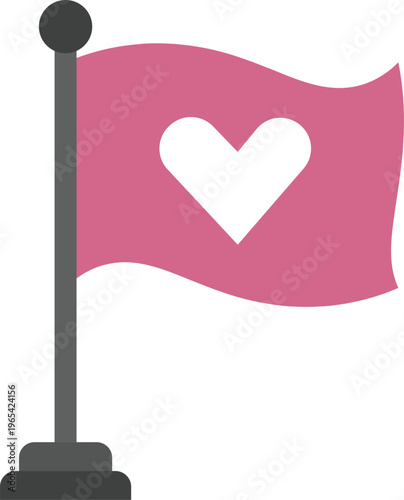Vector illustration of a pink waving flag with a white heart symbol on a flagpole. Concept for love, peace, charity, Valentine's Day, or a romantic destination.