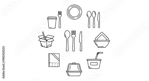Modern plastic tableware outline icons collection with disposable plates, cups, and utensils illustrations