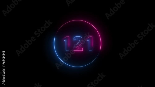 A circle animation, and glowing neon number 121 animation. on a black background.4k video