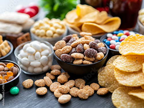 Cola glass with potato chips, unhealthy snacks such as potato chips cookies and chocolates.
