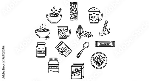 Modern breakfast cereal outline icons collection with granola, snack bars, and healthy breakfast illustrations