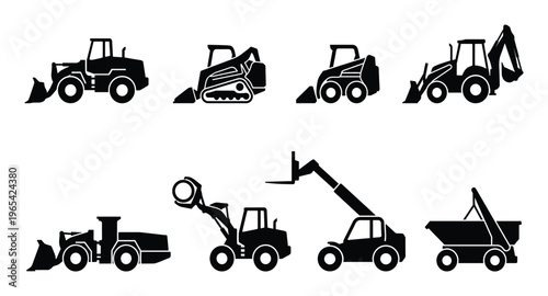 Set of black loaders and excavators icons collection of construction heavy machinery
