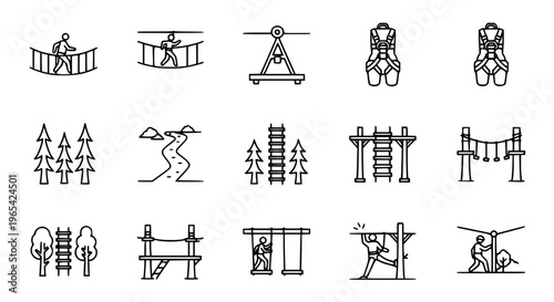 Minimal rope park outline icon set with forest adventure, zipline, and climbing symbols