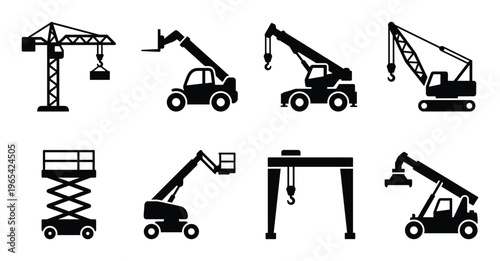 Set of construction heavy machinery industrial equipment vehicle icons flat black silhouette design
