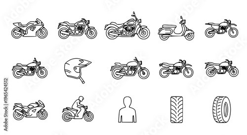 Minimal motorbike outline icon set with sport bike, scooter, and motorcycle symbols