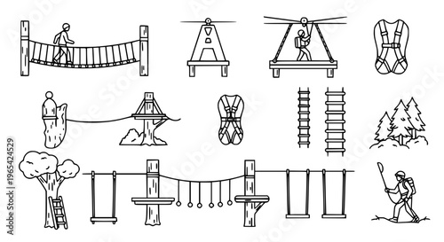 Detailed rope park outline icon set with forest adventure, climbing, and zipline illustrations