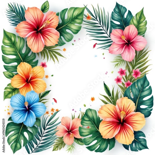 Frame of colorful hibiscus flowers and tropical leaves. Watercolor painting with pink yellow blue blooms and green foliage on white background. Exotic floral border for card.