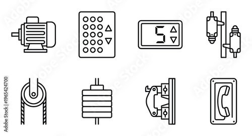 Set of electrical components including motor, elevator buttons, display and phone