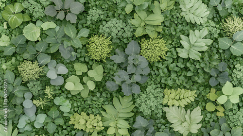 The forest is rich with various shades of green. White and green tropical plant leaves in a natural setting.