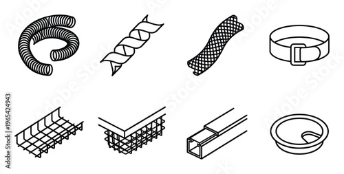 Set of industrial and electrical components including cables, connectors, power supplies, and fans