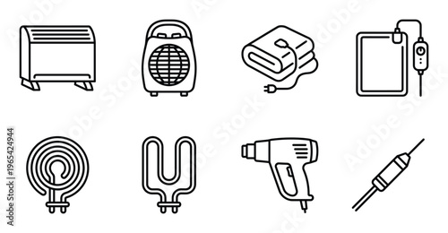 Set of heating devices icons, such as electric heater, fan heater, heated blanket, hot glue gun