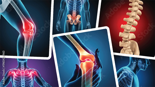 Human Anatomy Collage: A detailed anatomical collage showcasing human skeletal and joint structures, highlighting specific areas such as knees, spine, and shoulders.