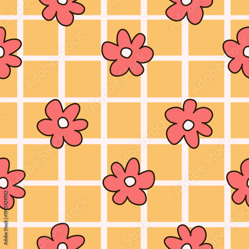 cute colorful hand drawn seamless vector pattern illustration with red daisy flowers on yellow and white stripes background
