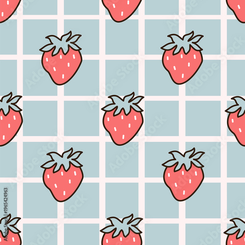 cute hand drawn seamless vector pattern background illustration with red strawberries on blue and white stripes 