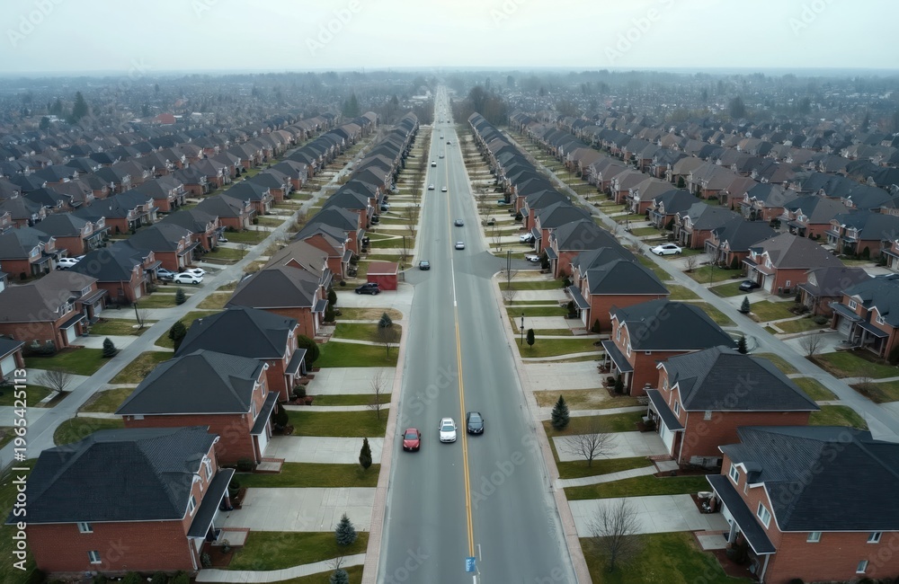 Obraz premium Drone view shows rows of suburban houses lining a street. Residential neighborhood with brick homes and dark roofs stretches to horizon. Cars drive on pavement during overcast day.