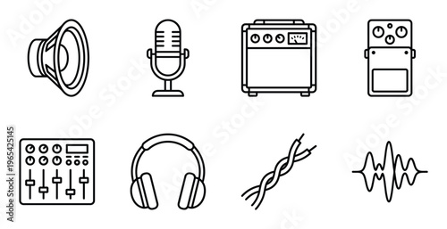 Set of music equipment and audio icons for sound recording and performance