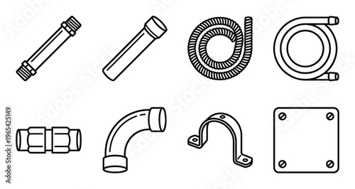 Set of pipe and hose icons, such as water pipe, metal pipe, garden hose, pipe clamp, pipe fittings