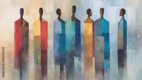 Many figures stand together in colorful shapes and patterns