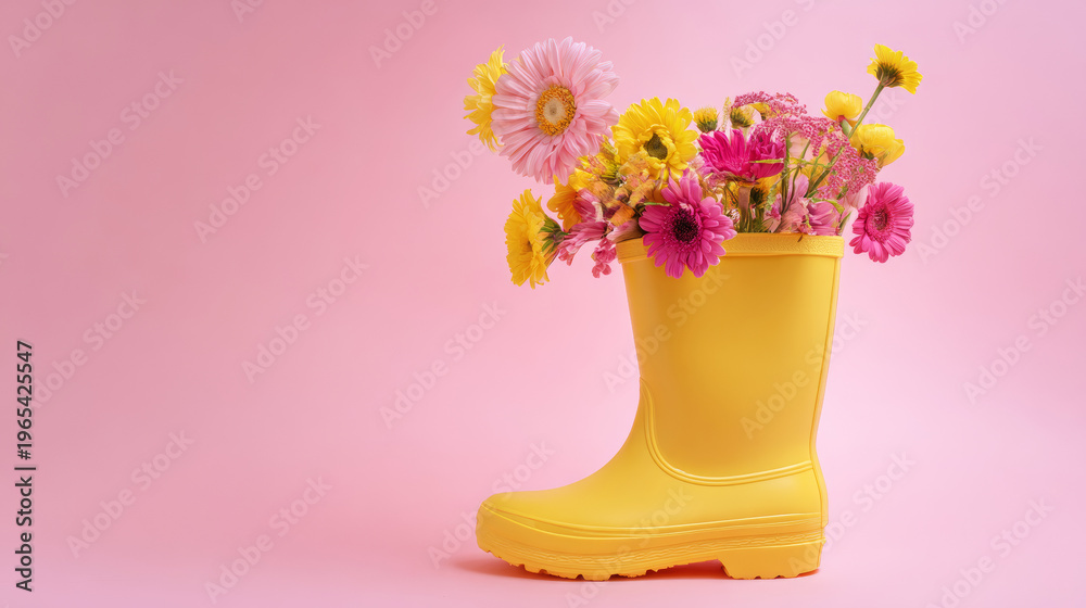 Obraz premium Yellow rain boot bursting with colorful spring flowers, a symbol of growth and new beginnings