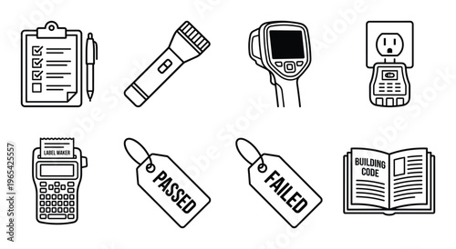 Testing and inspection tools schematic symbols clipboard meter flashlight thermal camera and test tags