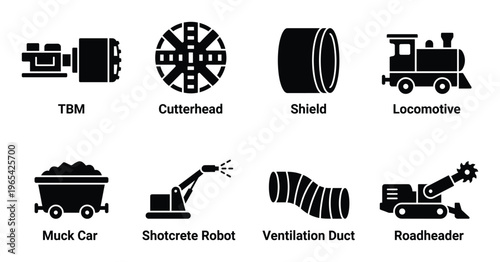 Tunnel boring machine components and construction equipment icons for underground excavation and tunneling work