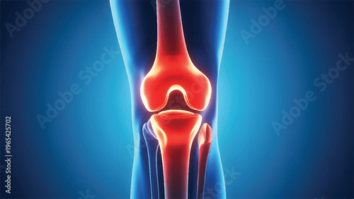 Anatomy of the Knee: A detailed medical rendering showcases a glowing, anatomical depiction of the knee joint against a striking blue backdrop.
