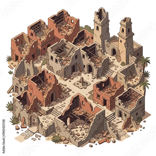 vector isometric of badly damaged buildings after the war 002