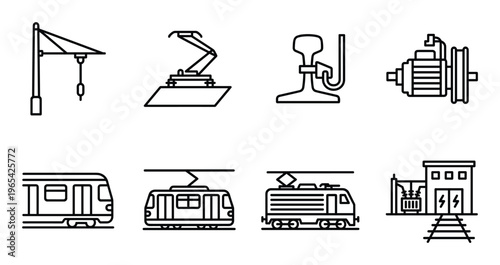 Transportation and railway icons train electric locomotive and power supply