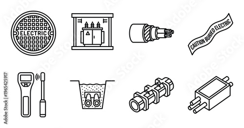 Underground electrical infrastructure icons set with manhole substation cable and warning tape art