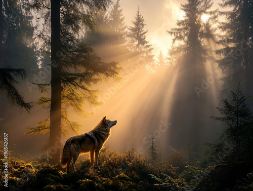 Wolf stands proud in misty forest, surrounded by towering trees and a mysterious atmosphere.