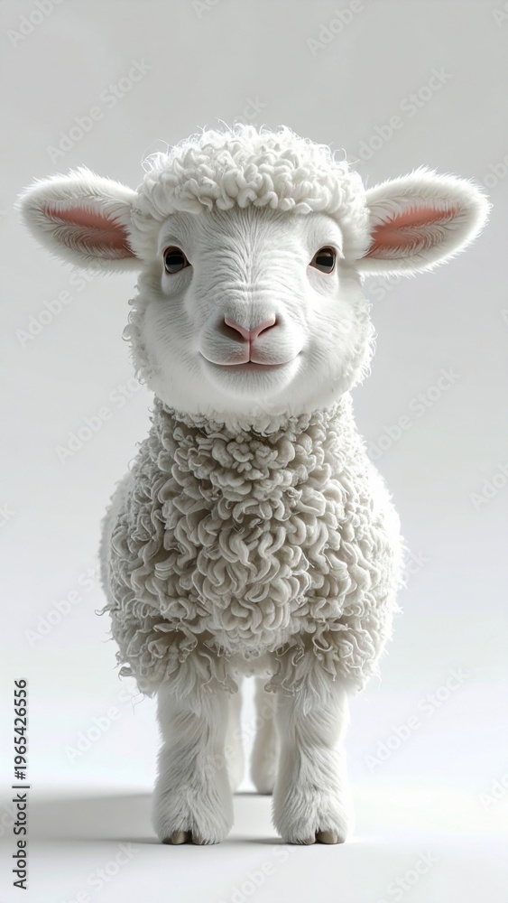 Fototapeta premium Adorable White Lamb Standing Comfortably in Bright Indoor Studio