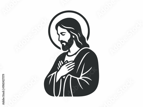 Vector illustration of Jesus Christ with halo and hands on chest in stylized line art