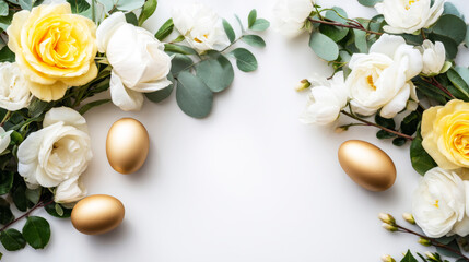 Elegant composition featuring golden eggs nestled among fresh white and yellow roses with eucalyptus greens, symbolizing Easter and spring celebration