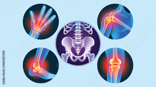 Joint Anatomy and Pain: A detailed diagram showcasing human skeletal structure and highlighting the points of potential joint discomfort, offering a visual guide to the human anatomy.