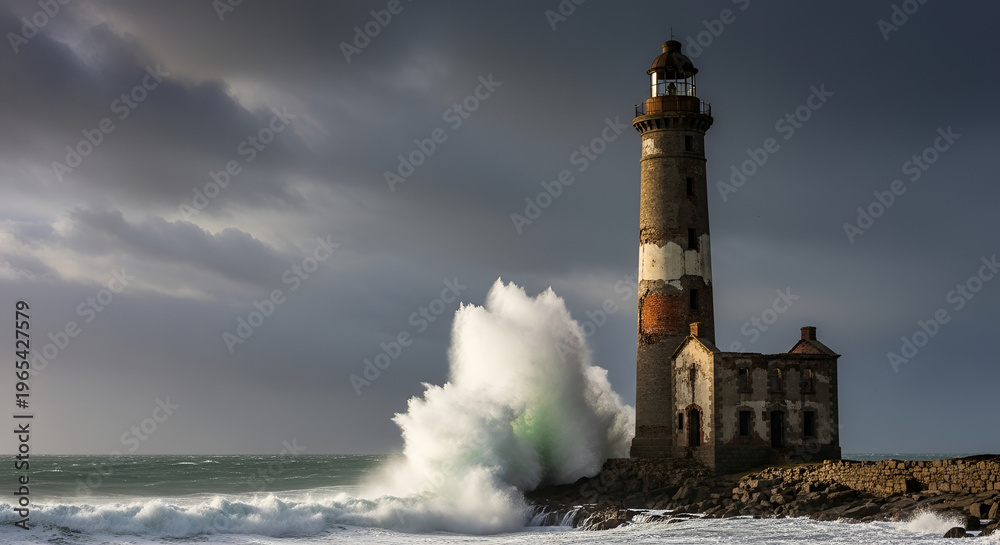 Obraz premium Dramatic seascape view of a weathered stone lighthouse battered by crashing wave and stormy skies with vintage building ruins