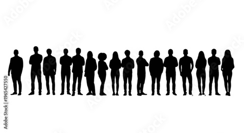 Silhouettes of diverse group of people standing in a line