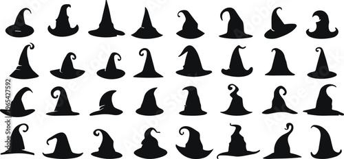 Halloween witch hat black silhouette set. magic hats, wizard cap, Vector illustration
