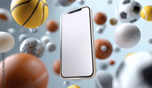 Mobile Phone Mockup with Floating Sports Balls for App Design Promotion
