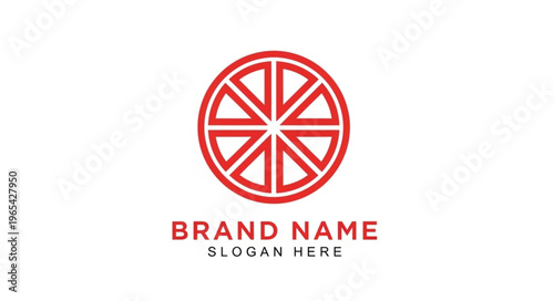 Red geometric circular logo with brand name and slogan.