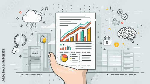 Businessman hand holding financial data analysis report with infographic elements.