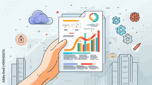 Businessman hand holding financial data analysis report with infographic elements.