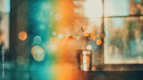 Light and color blend on a window with blurred objects in the foreground
