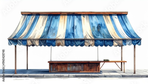 Watercolor Illustration of Blue and White Striped Market Stall Booth Isolated